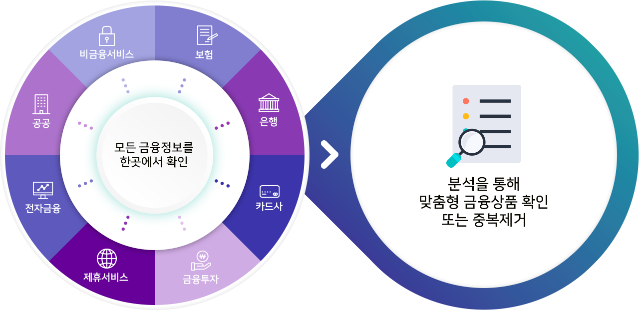 보험, 은행, 카드사, 금융투자, 제휴서비스, 전자금융, 공공, 비금융서비스 모든 금융정보를 한곳에서 확인, 분석을 통해 맞춤형 금융상품 확인 또는 중복제거