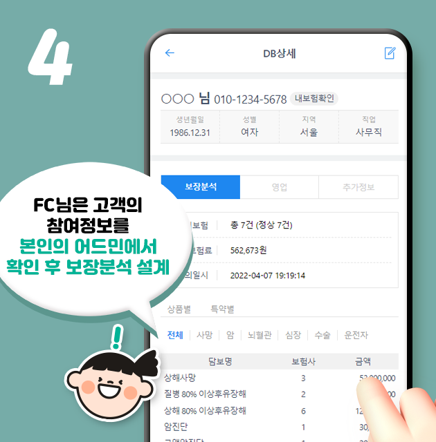 4 FC님은 고객의 참여정보를 본인의 어드민에서 확인 후 보장분석 설계